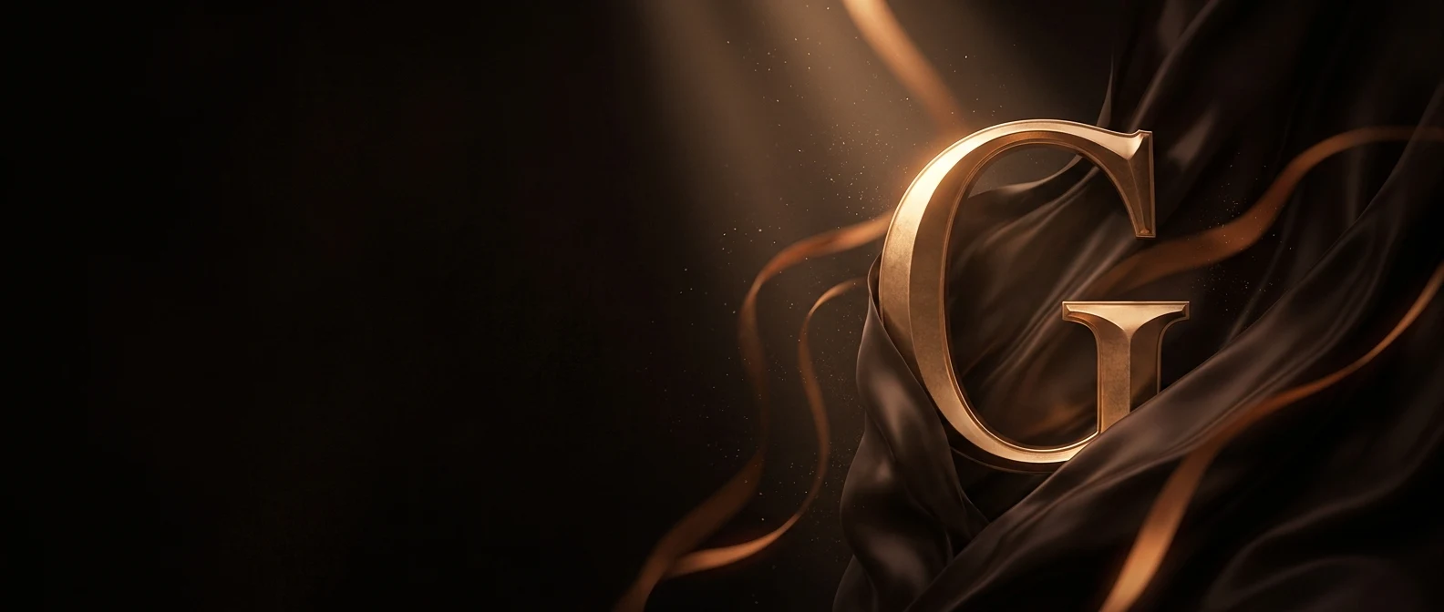 A golden letter 'G' rests on flowing brown fabric with dramatic lighting.